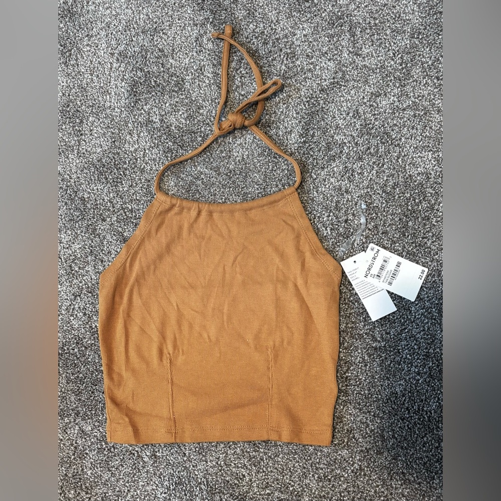 Nordstrom BP Women's Tan Sugar Cropped Ribbed Halter Top